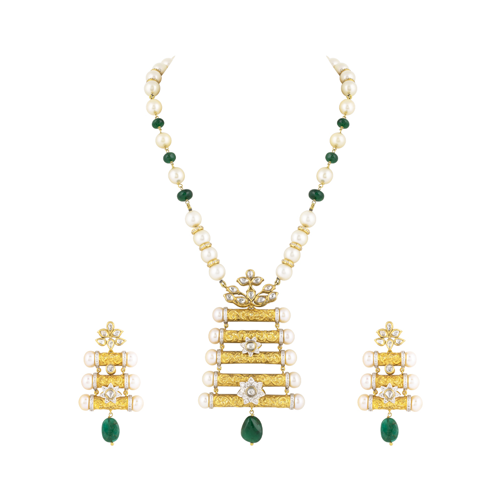Floral Enamel Pendant Set with Pearls & Emerald Drops